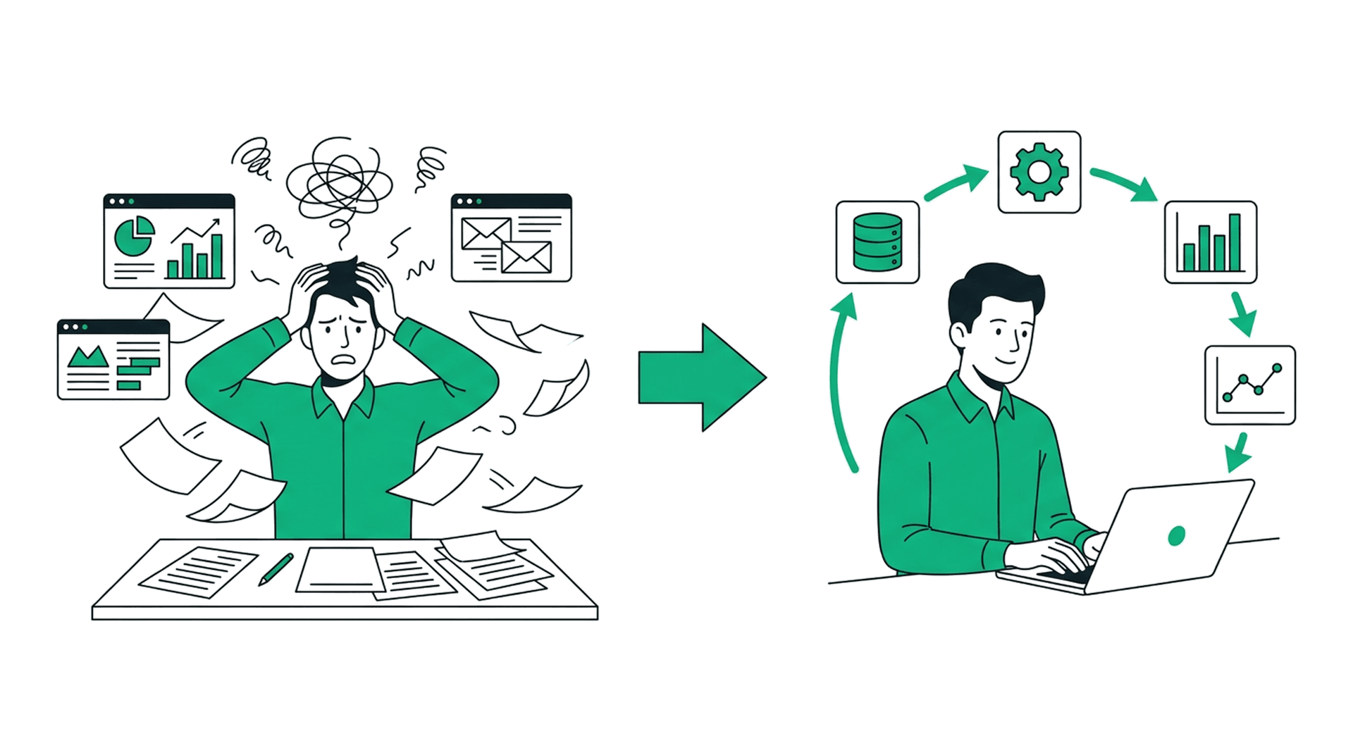 Vorher: chaotische manuelle Prozesse — Nachher: sauber automatisiert